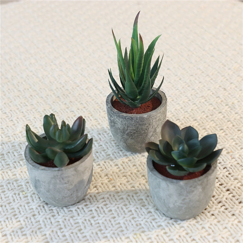 Set of decorative mini artificial plants with a concrete look – Stylish green accent for any interior