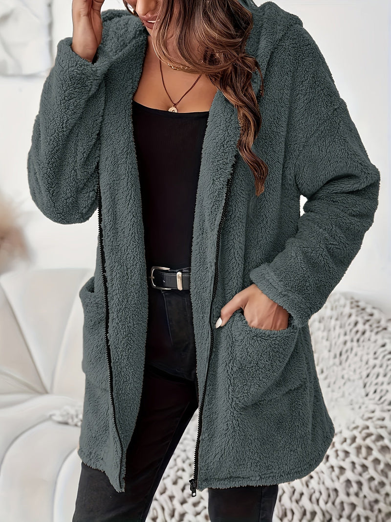 Miękki Pluszowy Zimowy Płaszcz z Zipperem i Kieszeniami na Łatki - Ciepły i Wygodny Płaszcz na Zimne Dni