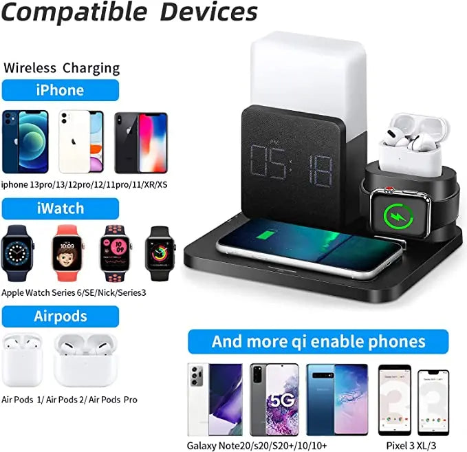 Stație de încărcare wireless multifuncțională – cu lampă și ceas deșteptător