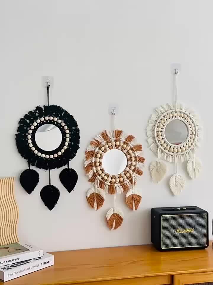 Boho Wall Mirror with Macramé and Tassels – Decorative Mirror with Beads and Feathers
