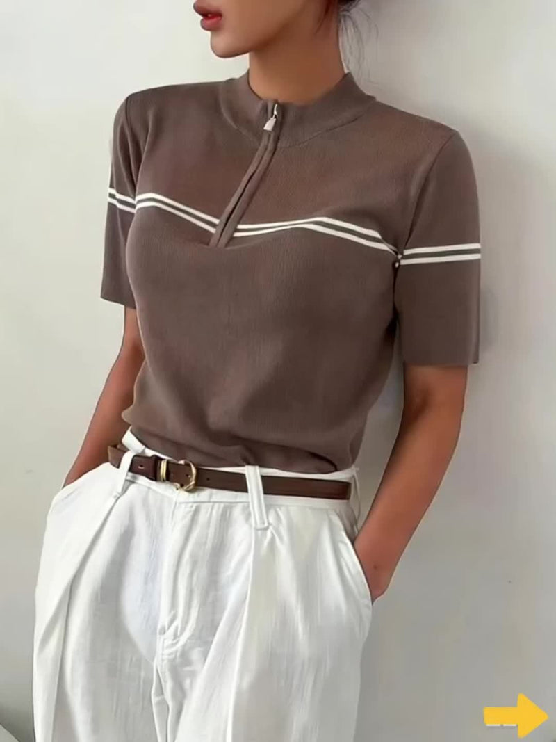 Tricou Polo Damă în Dungi cu Fermoar – Top Casual Ușor de Vară