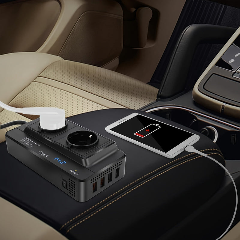 Kompaktowy 200W Inwerter Samochodowy – Podwójne Gniazda i Cztery USB