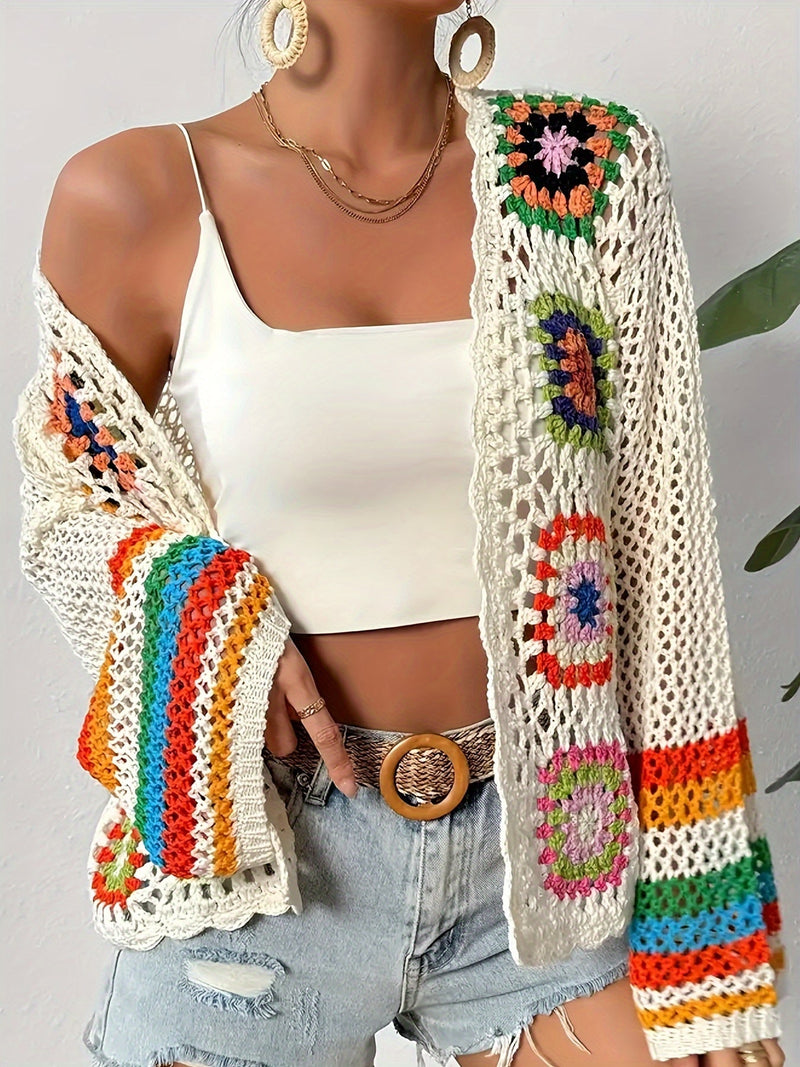 Colorful Crocheted Cardigan with Flowers – Stylish and Breathable for Spring and Autumn