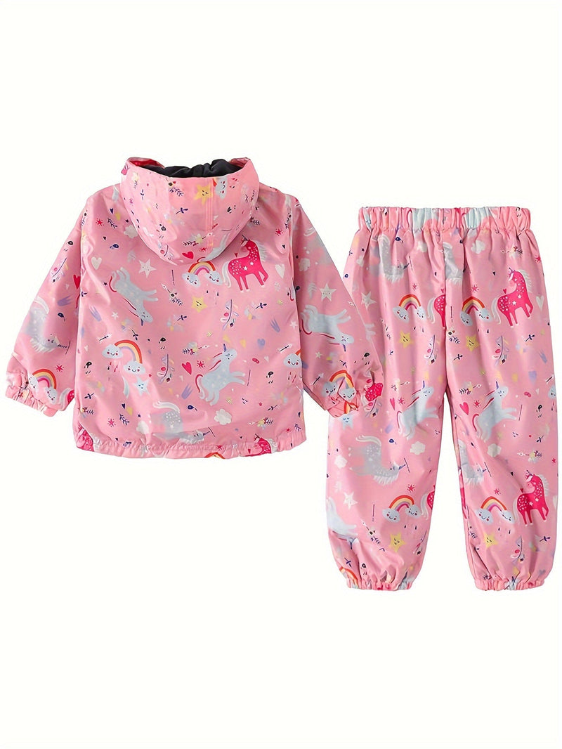 Lekki Dwuczęściowy Zestaw dla Dziewczynek – Wodoodporna Kurtka z Kapturem i Spodnie na Przygodę na Zewnątrz