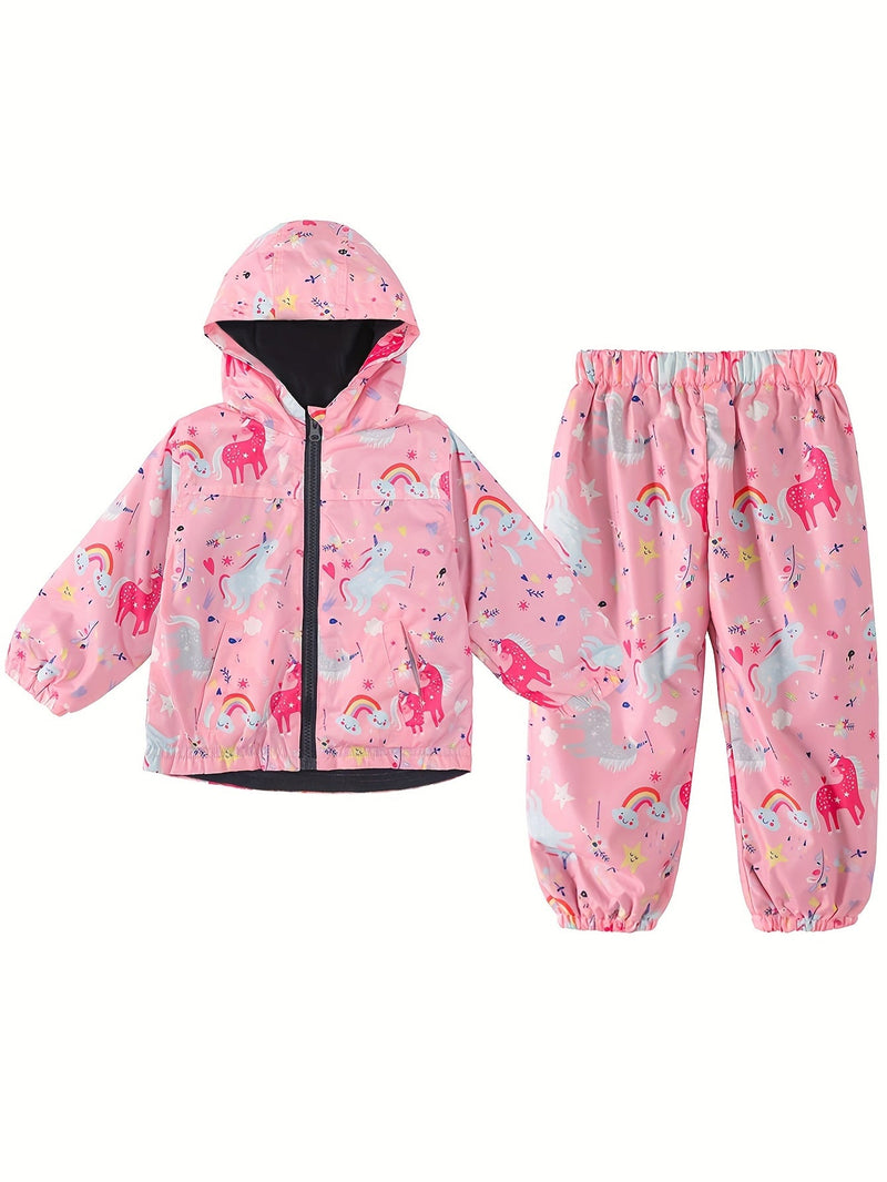 Lekki Dwuczęściowy Zestaw dla Dziewczynek – Wodoodporna Kurtka z Kapturem i Spodnie na Przygodę na Zewnątrz