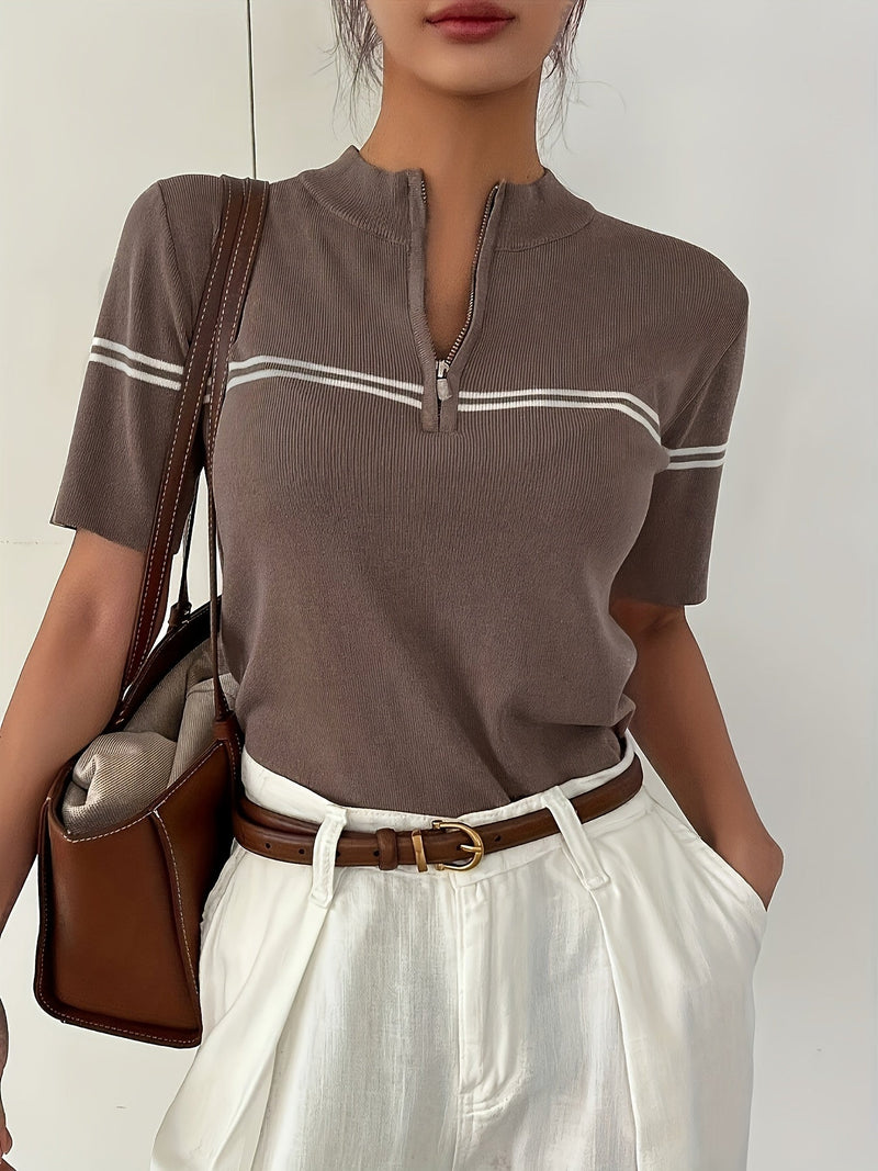 Tricou Polo Damă în Dungi cu Fermoar – Top Casual Ușor de Vară