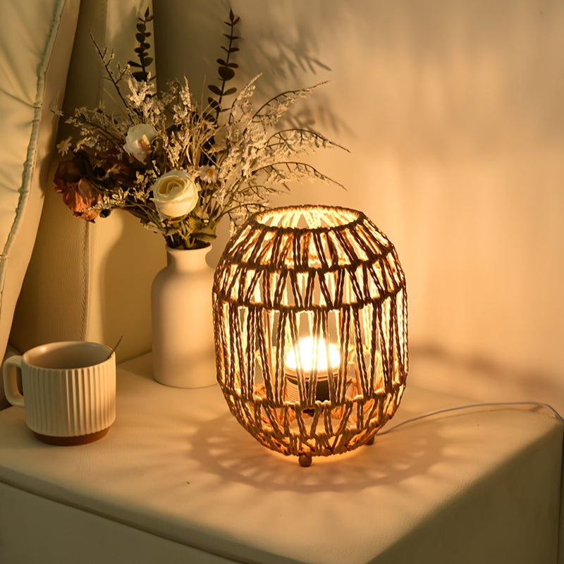 Bohemian Rattan Table Lamp – Handcrafted Light Accent for Bedroom or Living Room