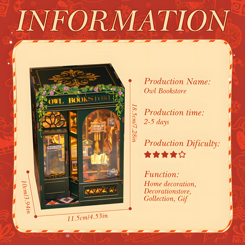 Udělej to sám: Miniaturní Knihkupectví Sov – 3D Dřevěná Sada s Osvětlením pro Kreativní Dekoraci