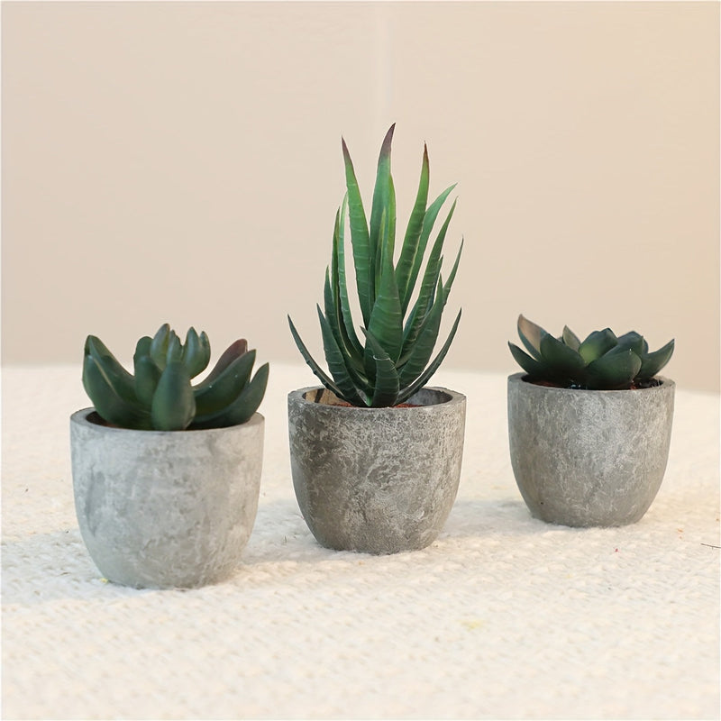 Set of decorative mini artificial plants with a concrete look – Stylish green accent for any interior