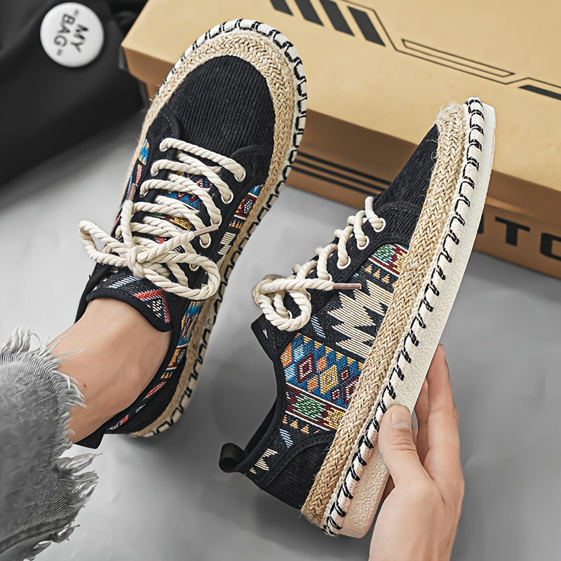 Boho Espadryle Sneakersy dla Mężczyzn – Oddychająca Kanwa z Kolorowym Haftem