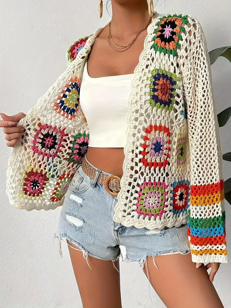 Colorful Crocheted Cardigan with Flowers – Stylish and Breathable for Spring and Autumn