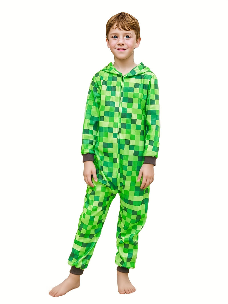 Minecraft Inspirowany Zielony Wzór Kratki Onesie dla Dzieci – Idealny na Halloween i Imprezy