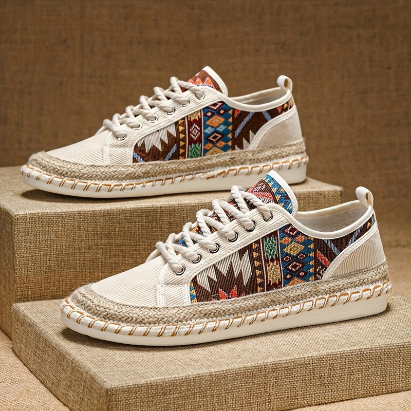 Boho Espadryle Sneakersy dla Mężczyzn – Oddychająca Kanwa z Kolorowym Haftem