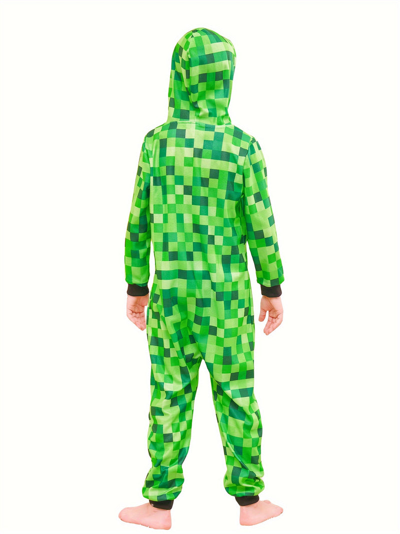 Minecraft Inspirowany Zielony Wzór Kratki Onesie dla Dzieci – Idealny na Halloween i Imprezy