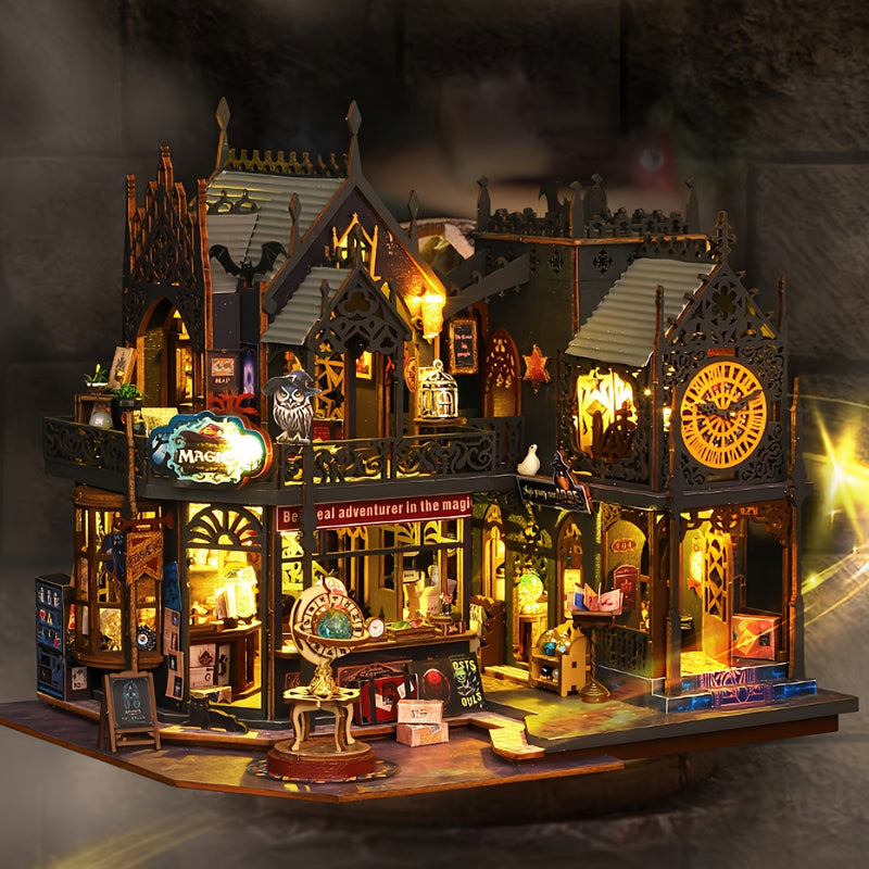 Zaczarowany Dom Książek – 3D Drewniana Układanka z Magicznym Oświetleniem