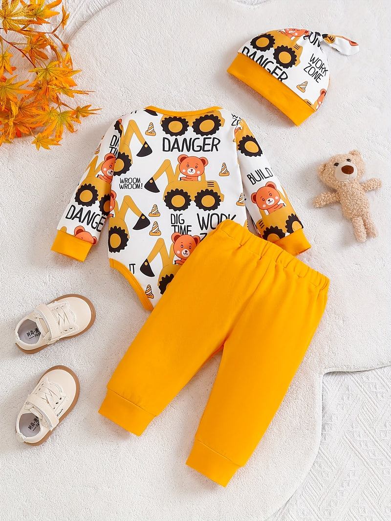 Kombinezon Przygoda z Koparką dla Niemowląt – W zestawie Body, Spodnie i Czapka na Zewnątrz