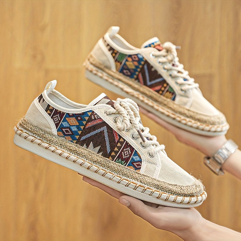 Boho Espadryle Sneakersy dla Mężczyzn – Oddychająca Kanwa z Kolorowym Haftem