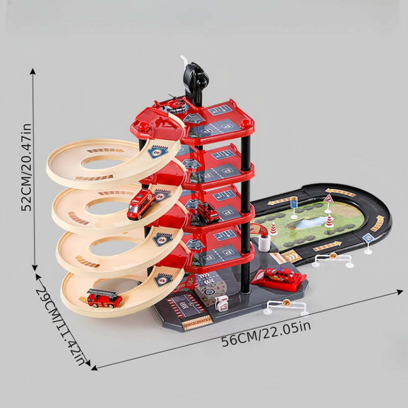 Zestaw Zabawek Garaż FirePark - Wielopoziomowy z Wozami Strażackimi i Znakami Drogowymi
