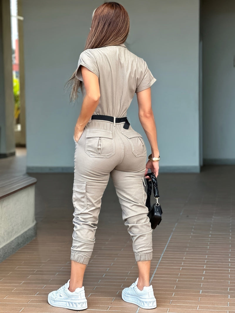 Casual Cargo Jumpsuit dla Dams – Zamek, Krótkie Rękawy i Funkcjonalne Kieszenie
