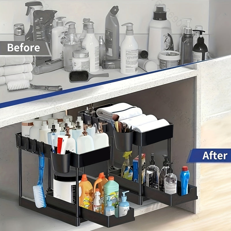 Organizer 2-warstwowy z hakami i kubkiem – Inteligentny i stabilny system przechowywania pod zlewem lub na blacie