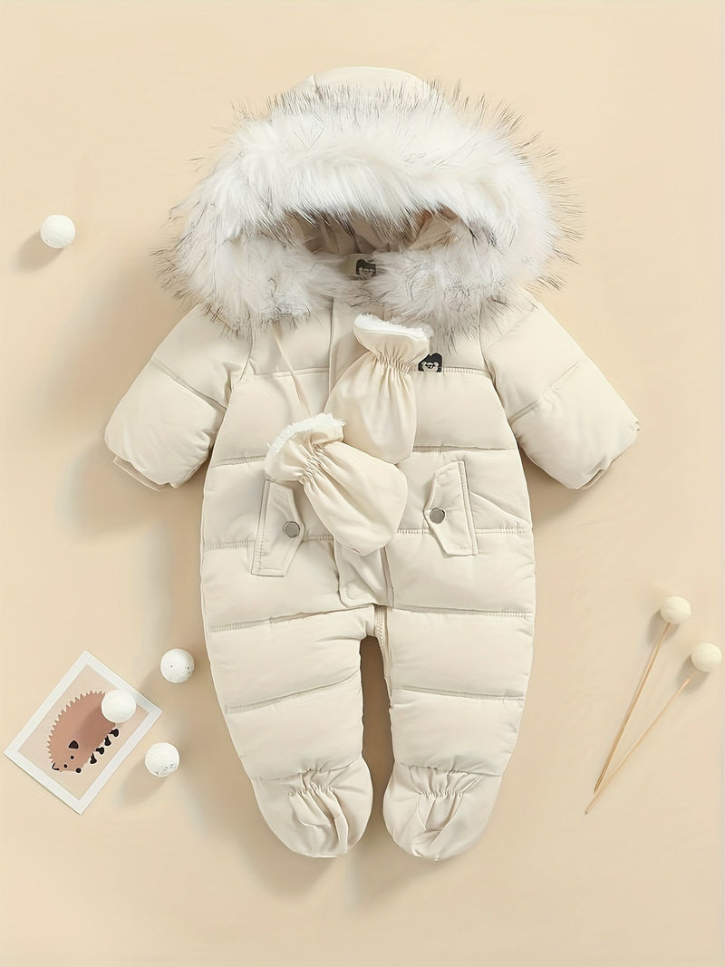 Snowy Baby Romper – Ciepły zimowy kombinezon z kapturem na zewnątrz