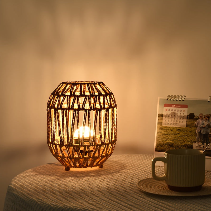 Bohemian Rattan Table Lamp – Handcrafted Light Accent for Bedroom or Living Room