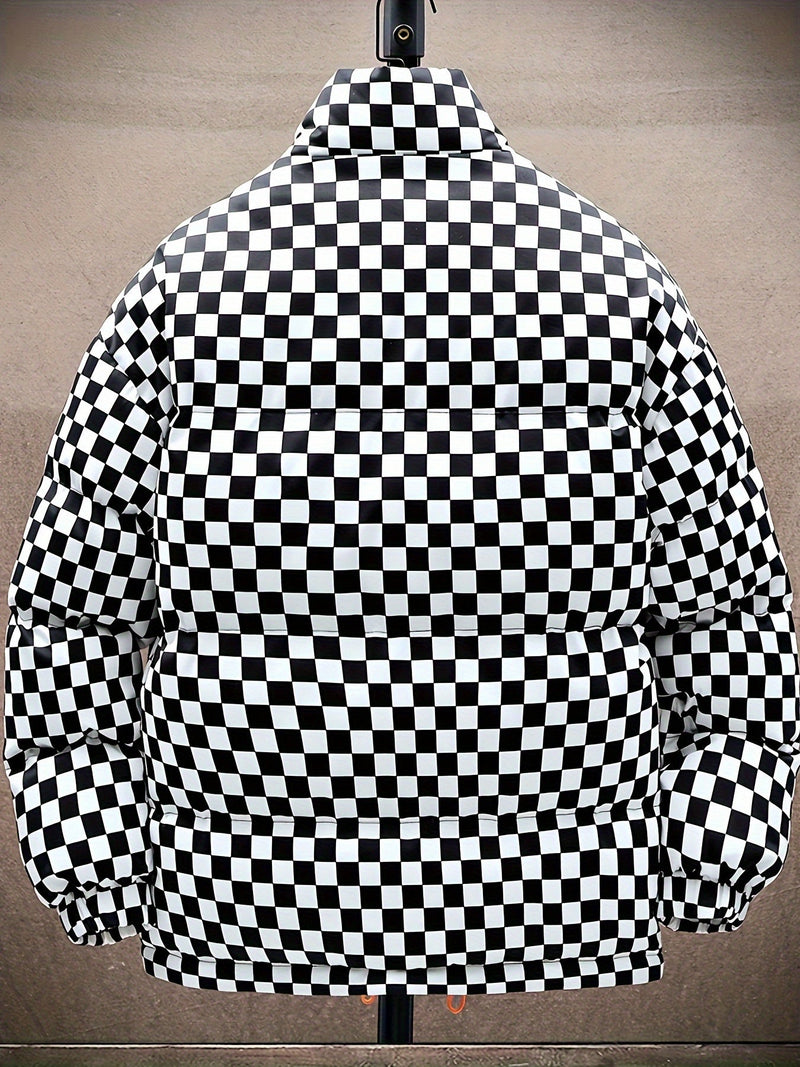 Stylowa Puchowa Kurtka w Kratę dla Mężczyzn – Oddychająca i Ciepła Kurtka Zimowa z Stojącym Kołnierzem