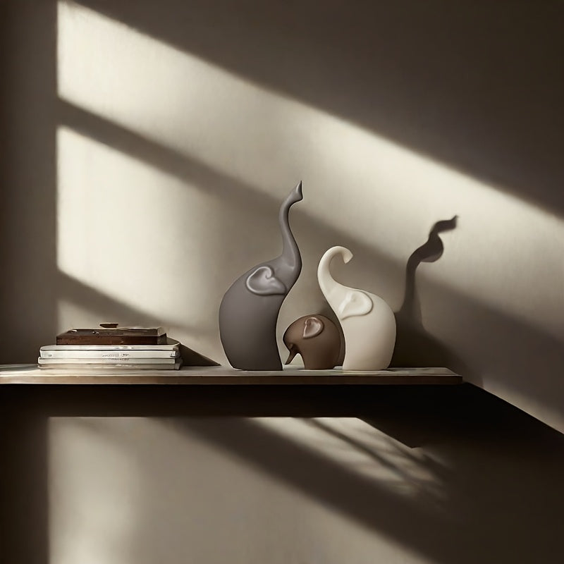 Set of 3 Ceramic Elephant Figurines – Modern Matte Decoration for Living Room or Office
