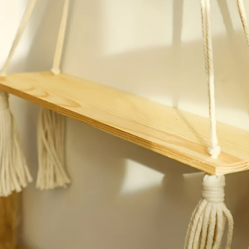 Boho Macrame Wall Shelf – Handcrafted Wooden Shelf with Rope Design for a Cozy Interior