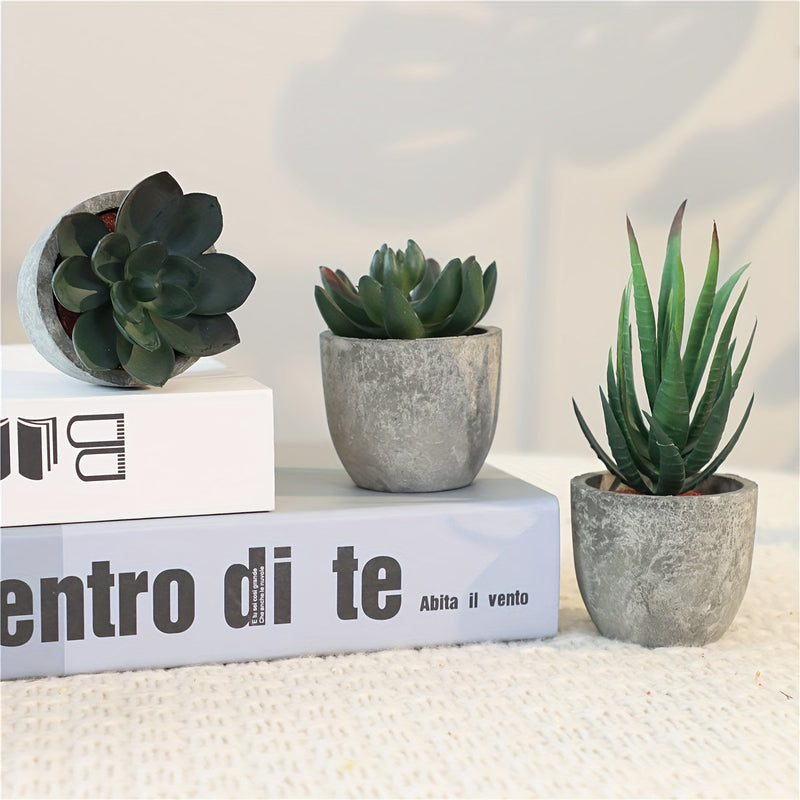 Set of decorative mini artificial plants with a concrete look – Stylish green accent for any interior