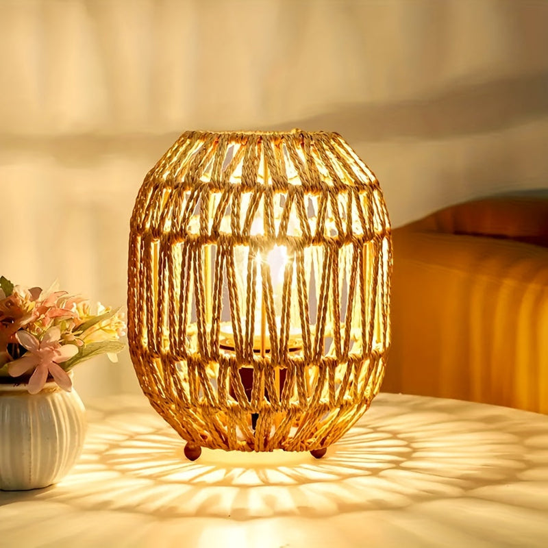 Bohemian Rattan Table Lamp – Handcrafted Light Accent for Bedroom or Living Room