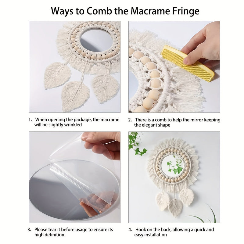 Boho Wall Mirror with Macramé and Tassels – Decorative Mirror with Beads and Feathers