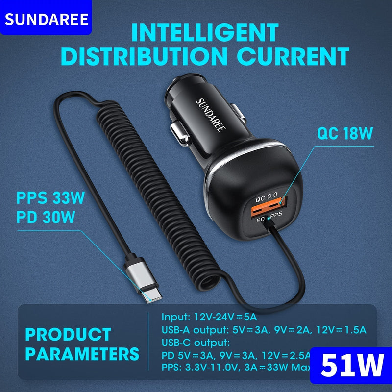 Încărcător Auto Rapid USB-C 51W – Pentru Încărcare Supers rapidă a Mai Multor Dispozitive