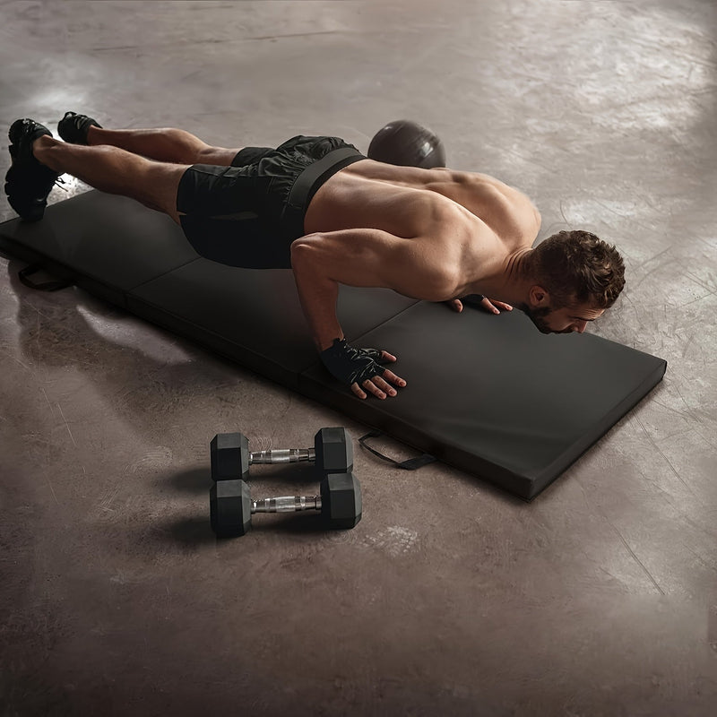 Przenośna maty do jogi w formie tryptyku z grubym wypełnieniem, antypoślizgową powierzchnią PU i uchwytem