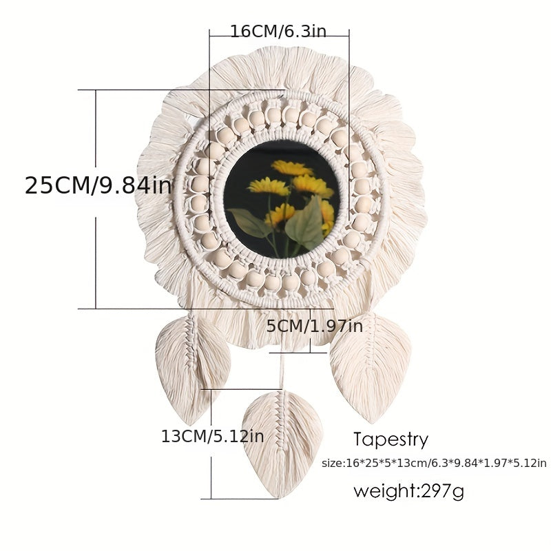 Boho Wall Mirror with Macramé and Tassels – Decorative Mirror with Beads and Feathers