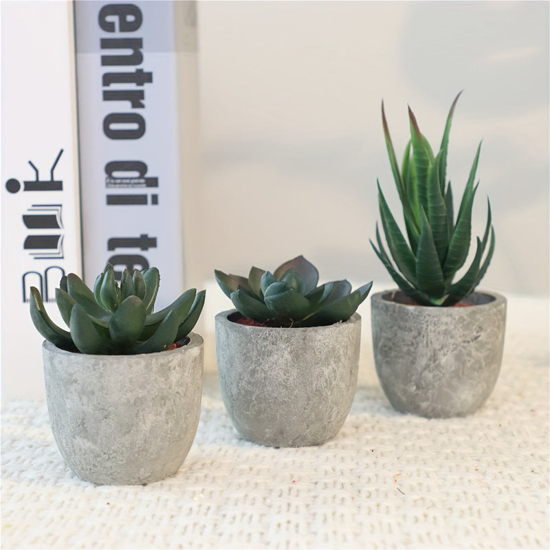 Set of decorative mini artificial plants with a concrete look – Stylish green accent for any interior