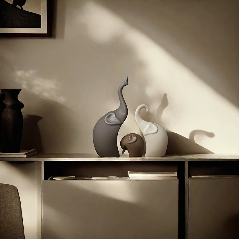 Set of 3 Ceramic Elephant Figurines – Modern Matte Decoration for Living Room or Office