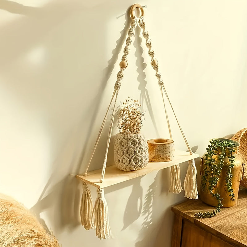 Boho Macrame Wall Shelf – Handcrafted Wooden Shelf with Rope Design for a Cozy Interior