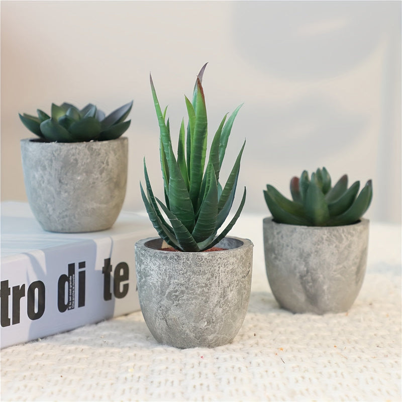 Set of decorative mini artificial plants with a concrete look – Stylish green accent for any interior