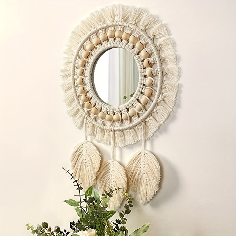 Boho Wall Mirror with Macramé and Tassels – Decorative Mirror with Beads and Feathers