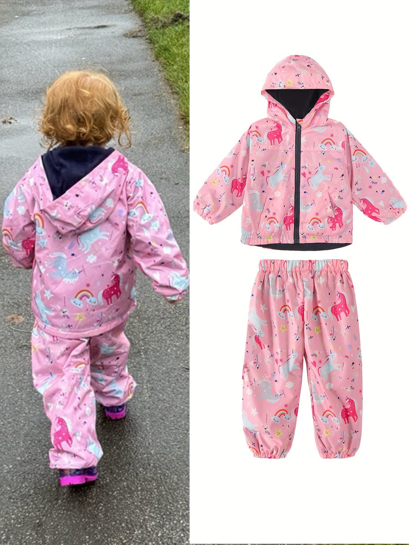 Lekki Dwuczęściowy Zestaw dla Dziewczynek – Wodoodporna Kurtka z Kapturem i Spodnie na Przygodę na Zewnątrz