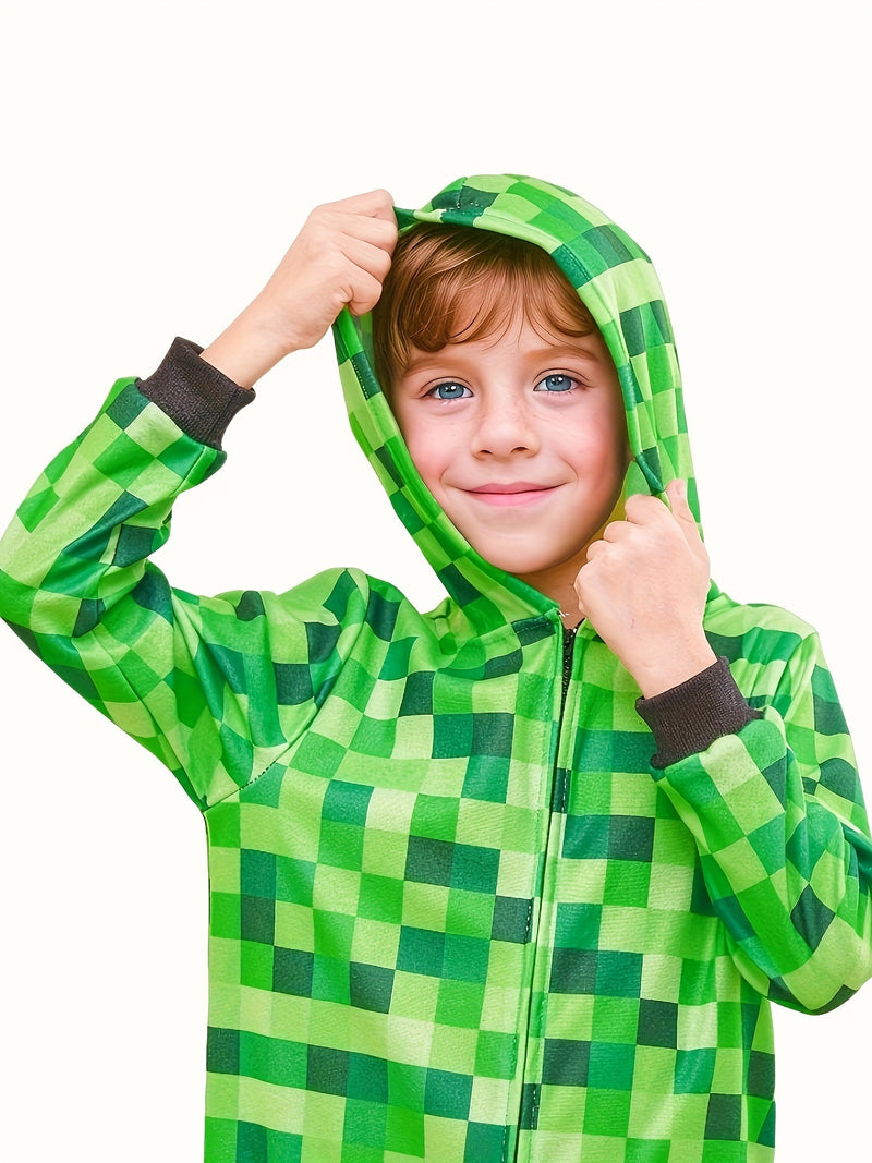 Minecraft Inspirowany Zielony Wzór Kratki Onesie dla Dzieci – Idealny na Halloween i Imprezy