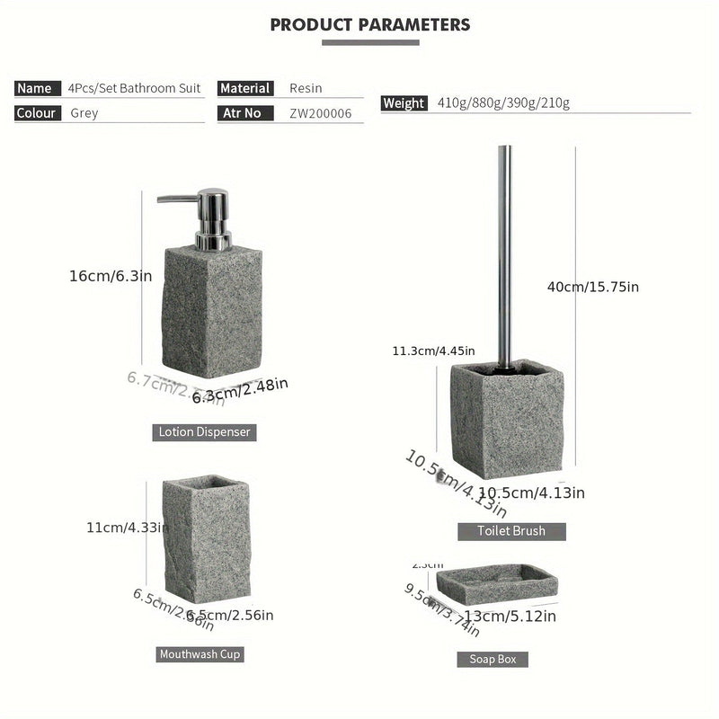 Szara Zestaw Łazienkowy z Żywicy – Luksusowy Zestaw 4 Elementów do Eleganckiej Łazienki