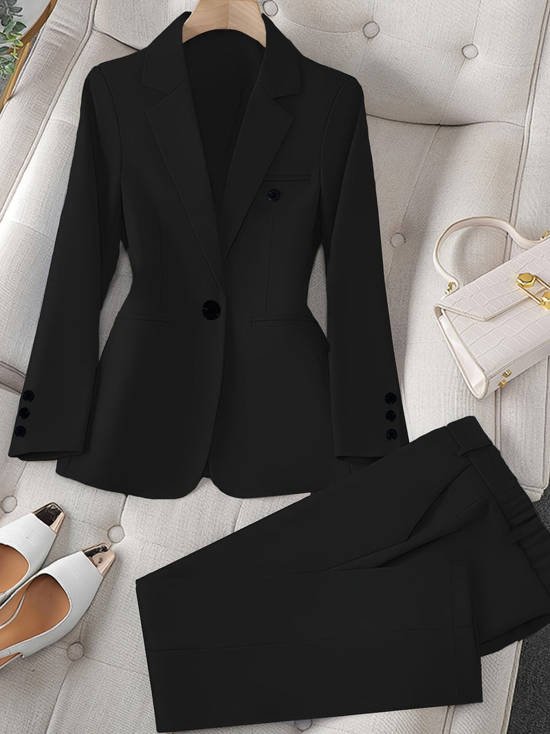Stylish Two-Piece Business Suit for Women – Blazer with Lapels and Matching Pants