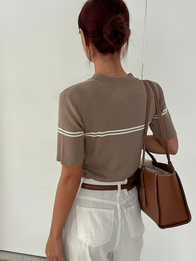 Tricou Polo Damă în Dungi cu Fermoar – Top Casual Ușor de Vară