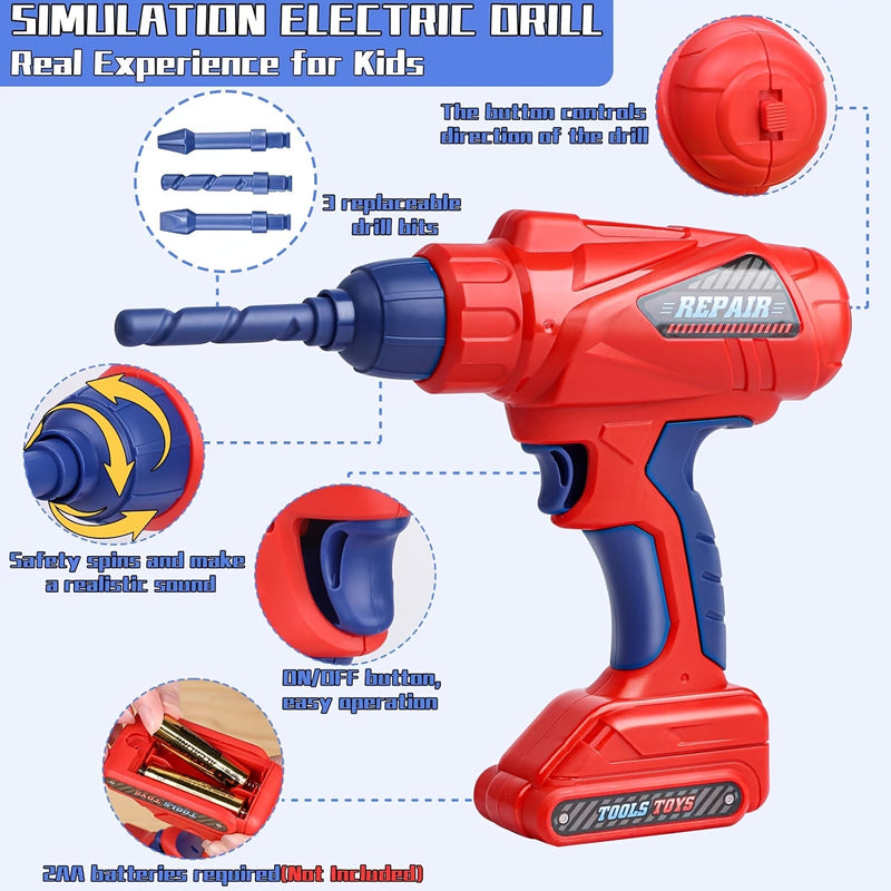 48-elementowy Zestaw Narzędzi dla Dzieci – Z Elektrywiertarką, Kaskiem Ochronnym i Torbą do Przechowywania