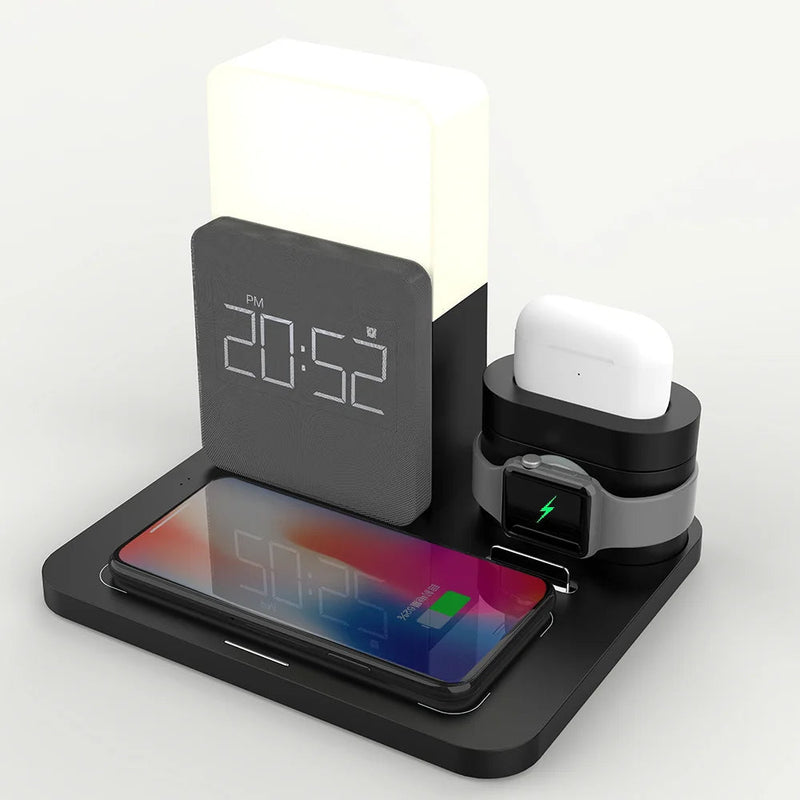 Stație de încărcare wireless multifuncțională – cu lampă și ceas deșteptător