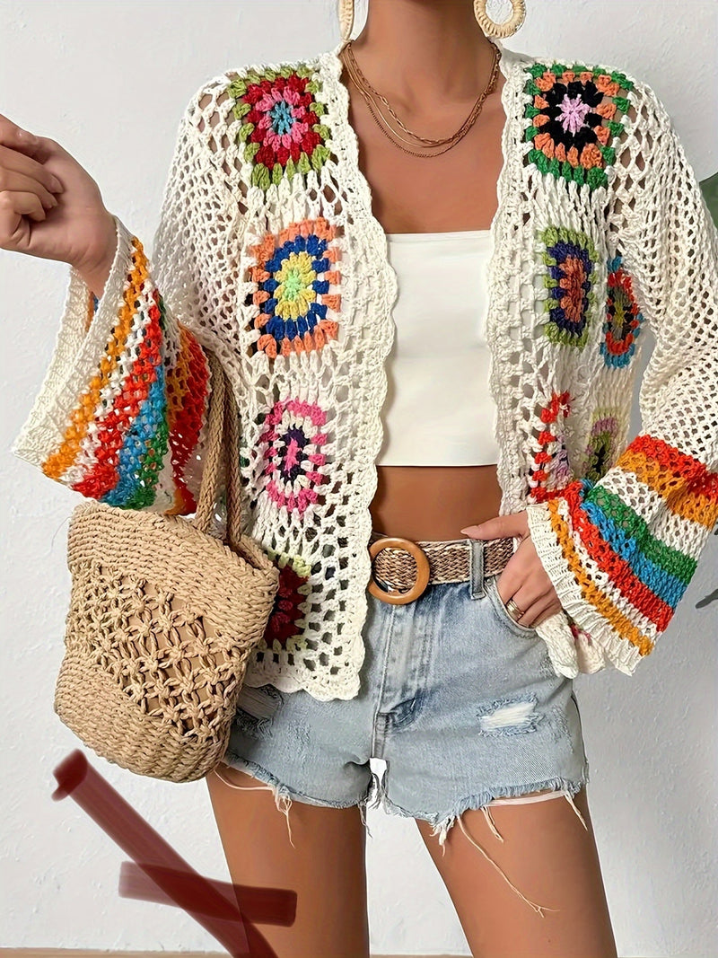 Colorful Crocheted Cardigan with Flowers – Stylish and Breathable for Spring and Autumn