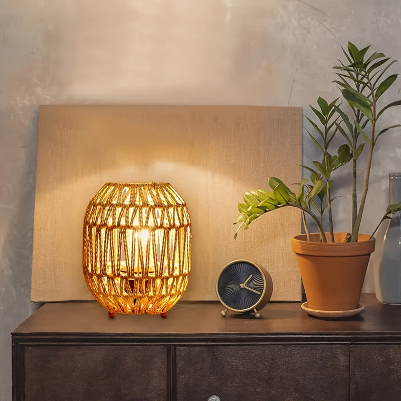 Bohemian Rattan Table Lamp – Handcrafted Light Accent for Bedroom or Living Room