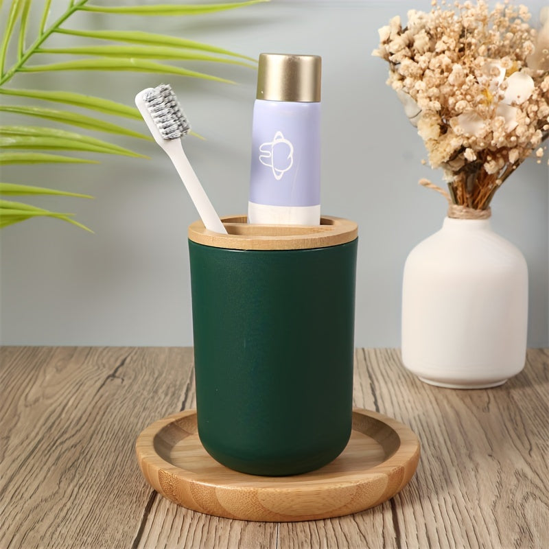 Zestaw Akcesoriów Łazienkowych z Bambusową Pokrywką – 4-częściowy Zestaw do Dekoracji Łazienki